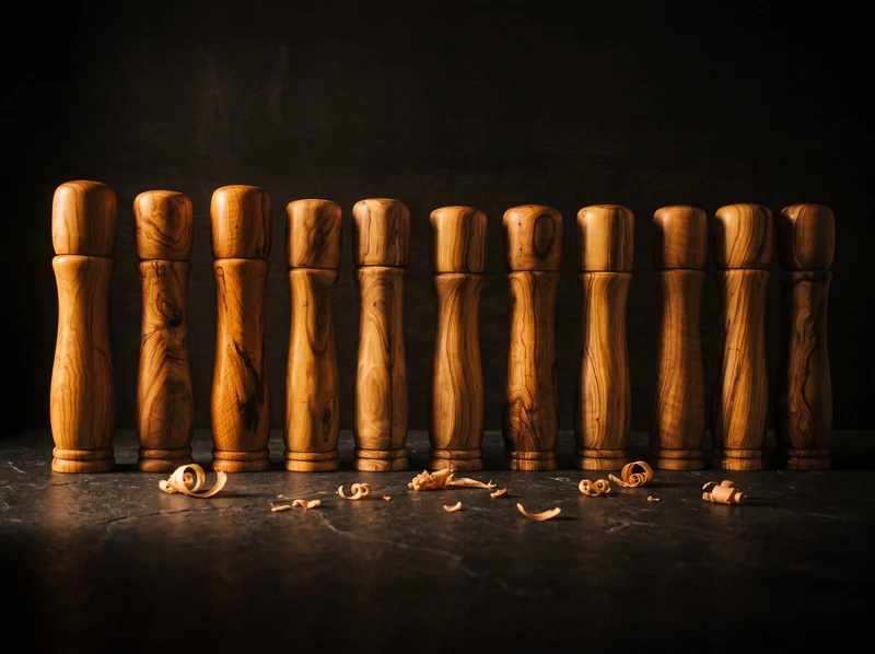 A line-up of hand-turned olive wood pepper mills, each with unique grain